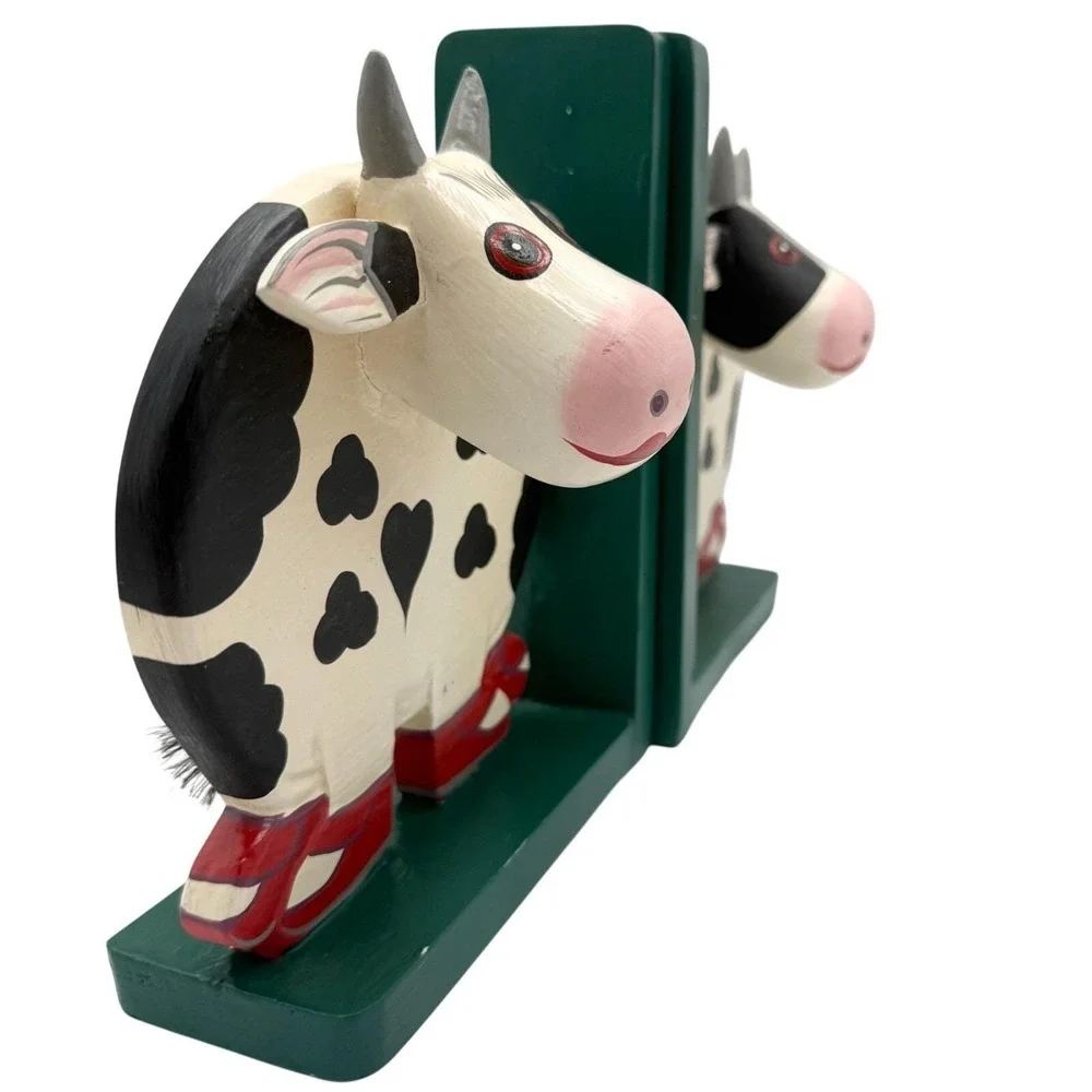 Vintage Folk Art Cow Bookends Handpainted Wood Lady Cows Pair Cottage Kitchen